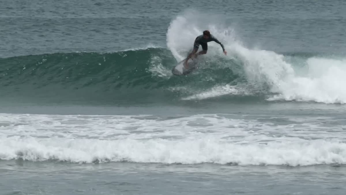A surfer throws spray on a carving turn.