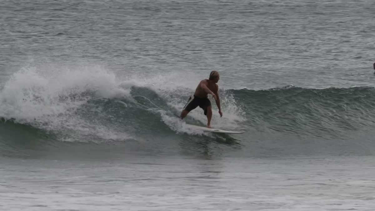 A surfer crouches on a grey-green wave.
